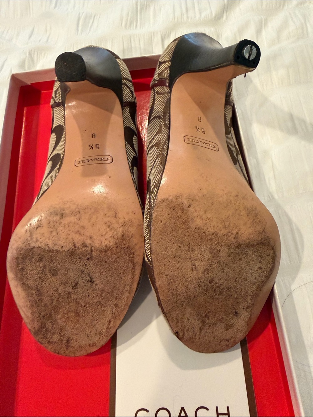 Coach Tan and Brown Peep-Toe Heels with Buckle Accent - Picture 5 of 6